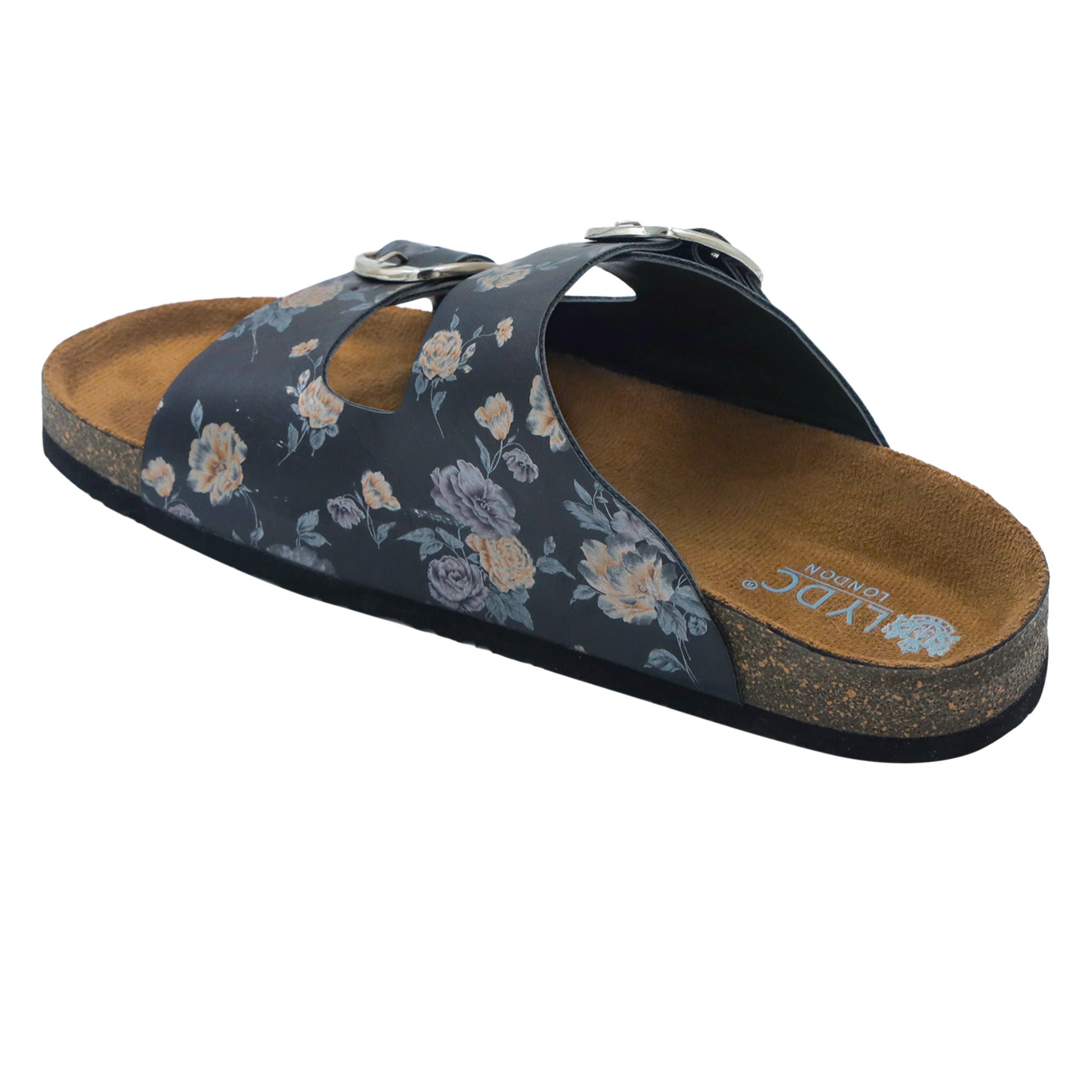 Black Women's Flat Sandals with Flower Pattern