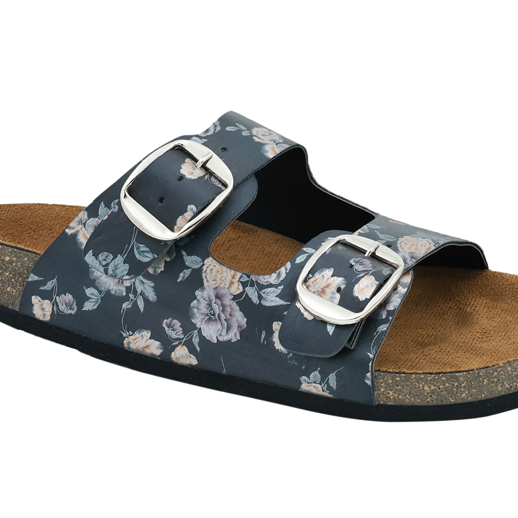 Black Women's Flat Sandals with Flower Pattern