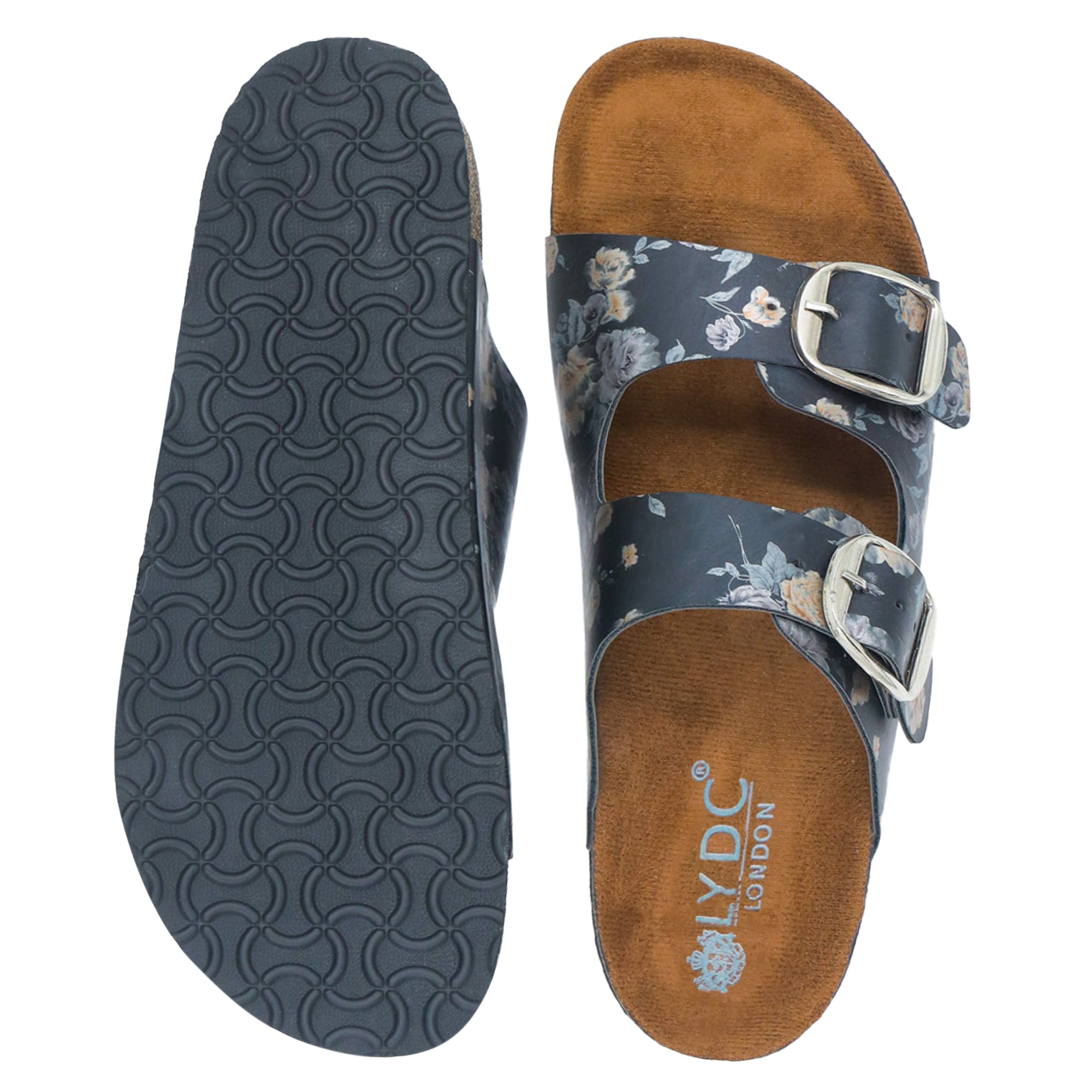 Black Women's Flat Sandals with Flower Pattern