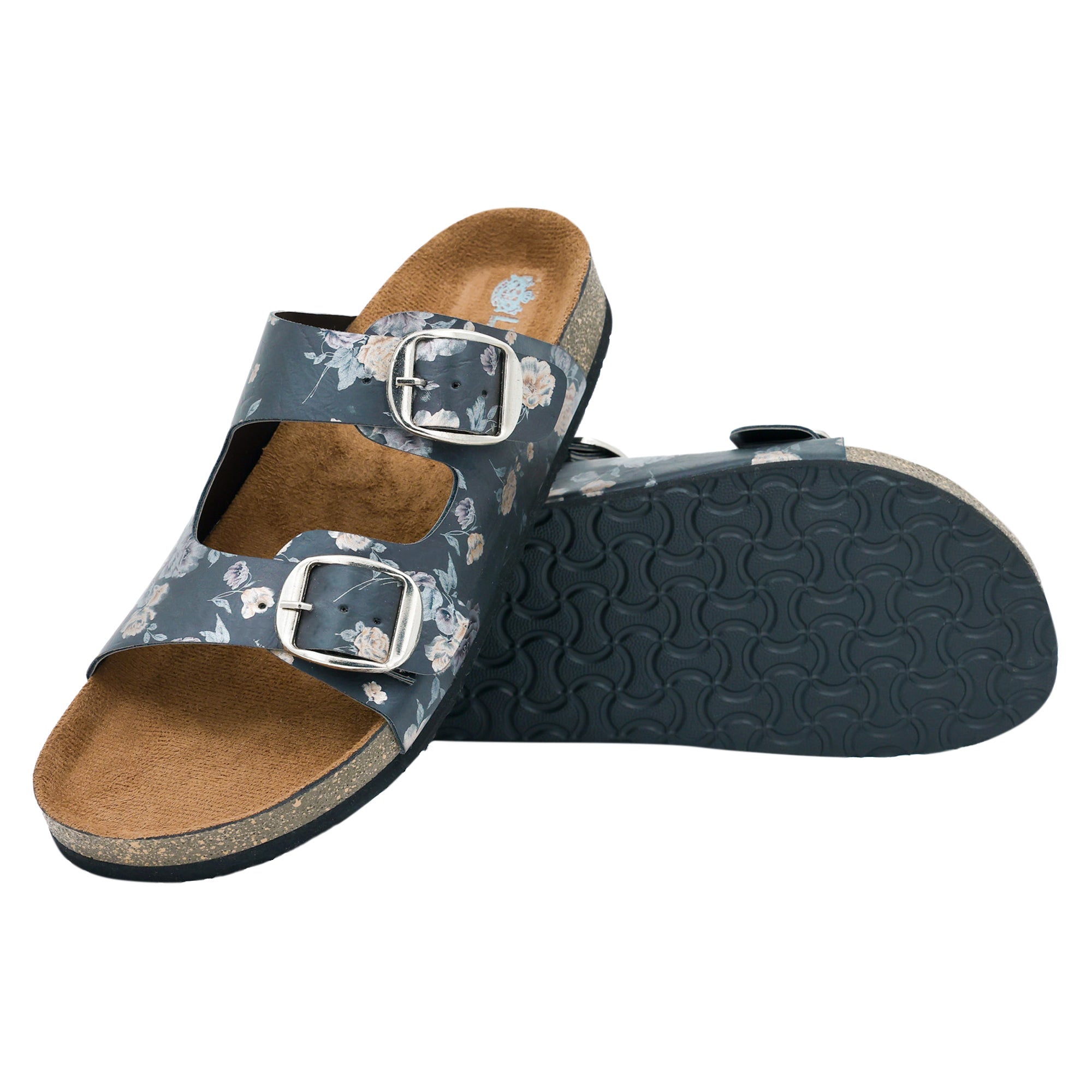 Black Women's Flat Sandals with Flower Pattern