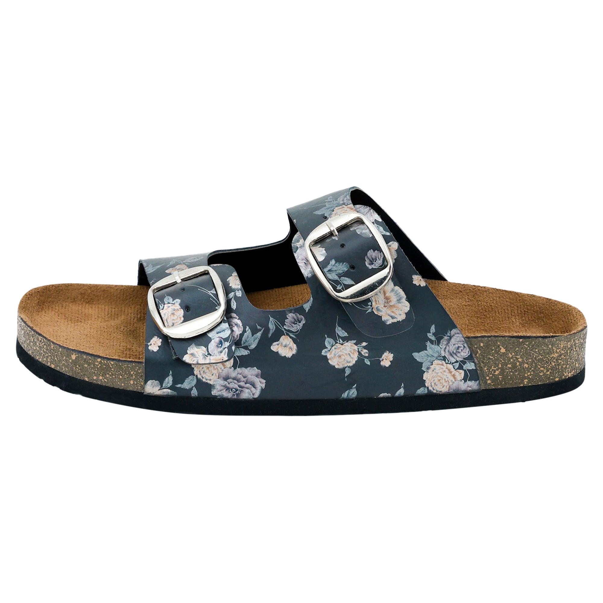 Black Women's Flat Sandals with Flower Pattern