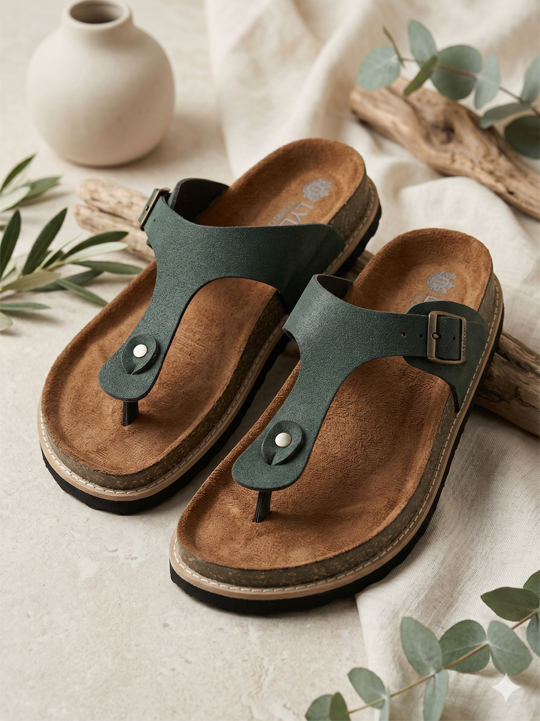 Olive Suede Sandals For Women Welt-Crafted T-Strap Sandals