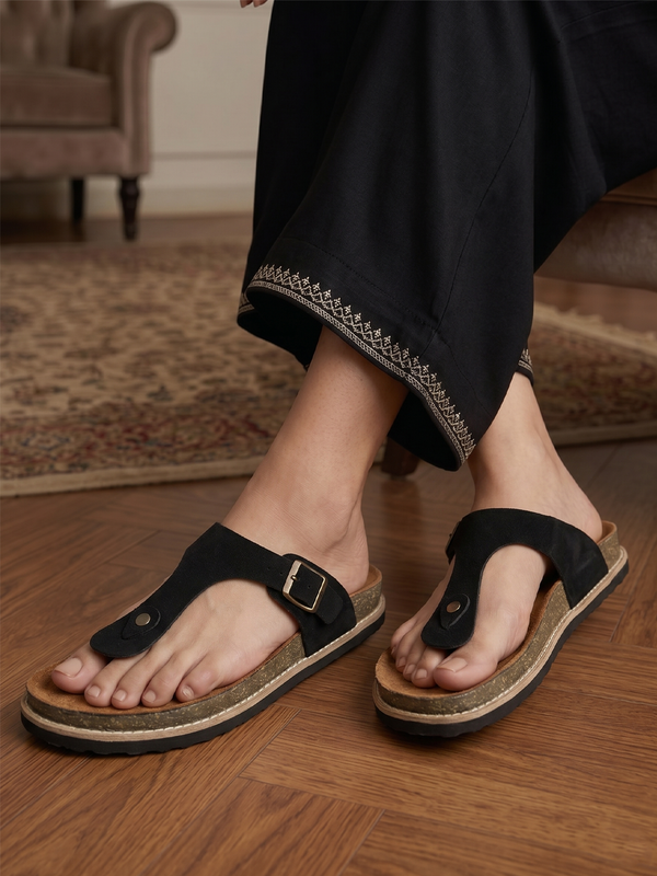 Black Suede Sandals For Women Welt-Crafted T-Strap Sandals