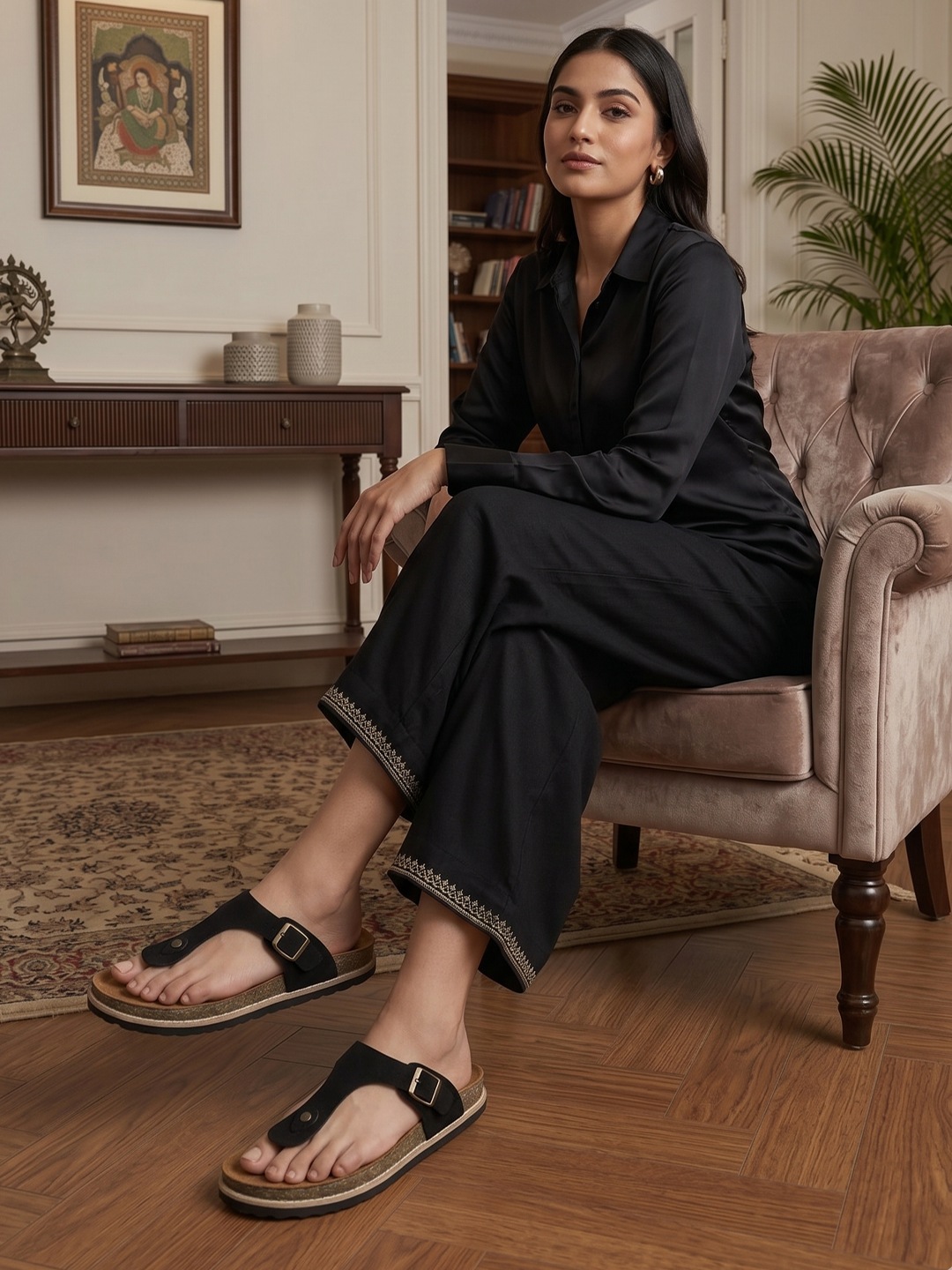 Black Suede Sandals For Women Welt-Crafted T-Strap Sandals