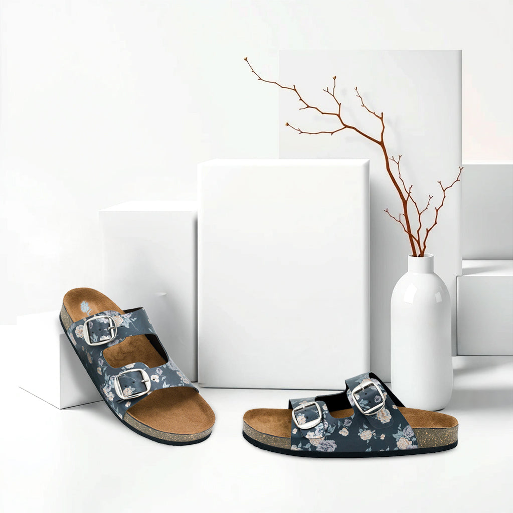 Black Women's Flat Sandals with Flower Pattern