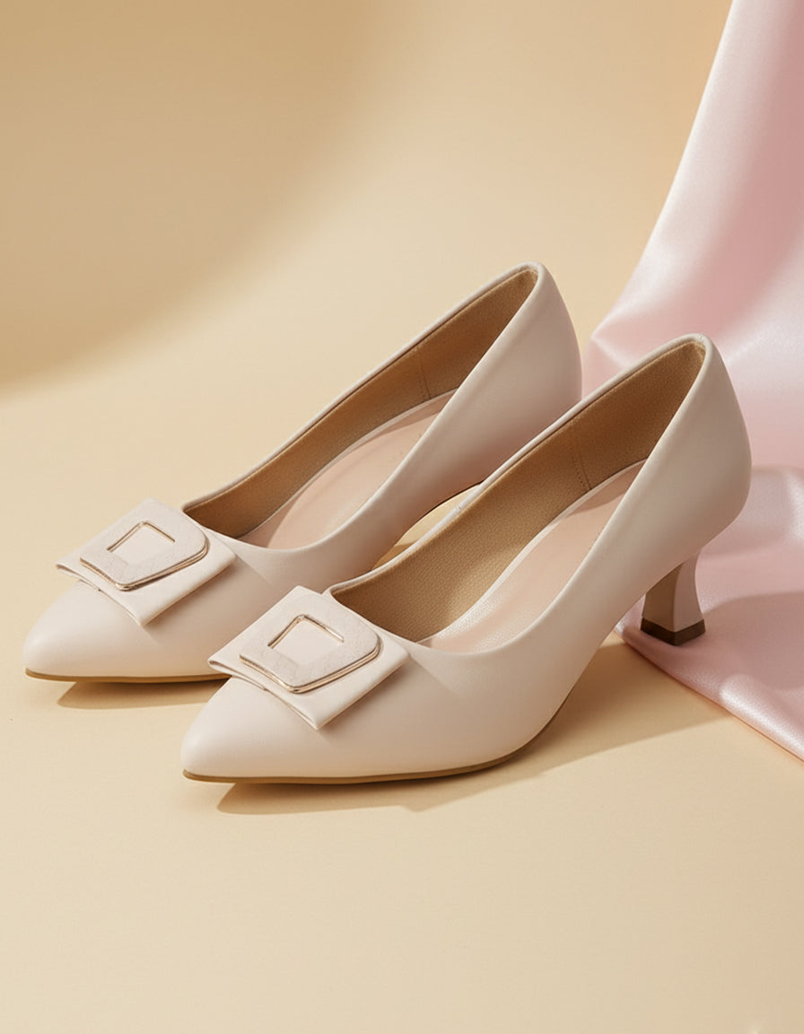 Cream Block Pumps Heels Sandals for Women