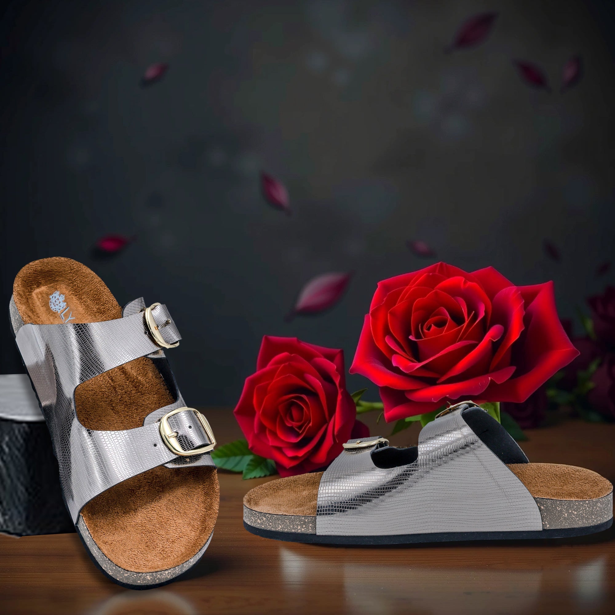 Gunmetal L Grain Women's Flat Sandals