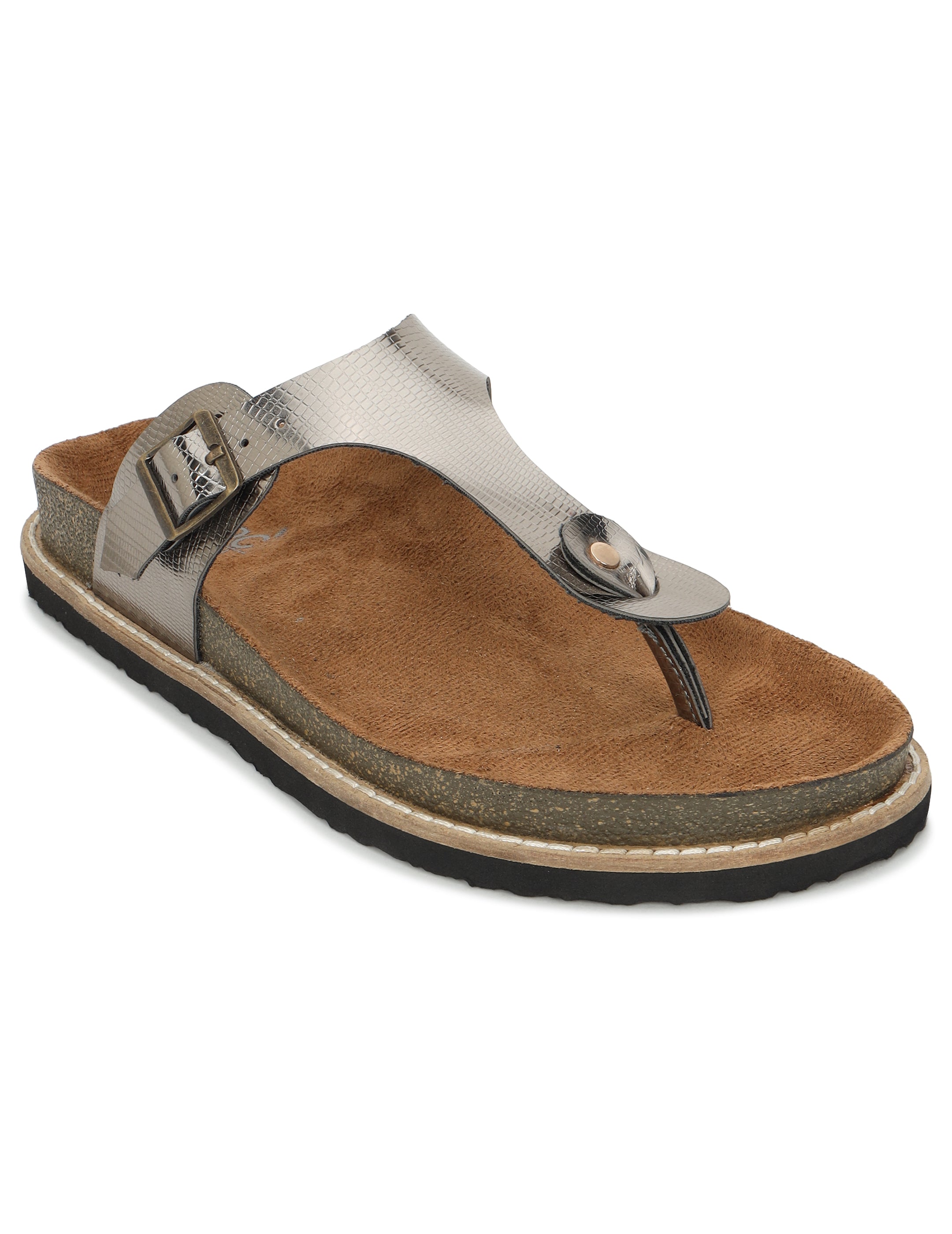 Gunmetal L Grain Sandals For Women Welt-Crafted T-Strap Sandals