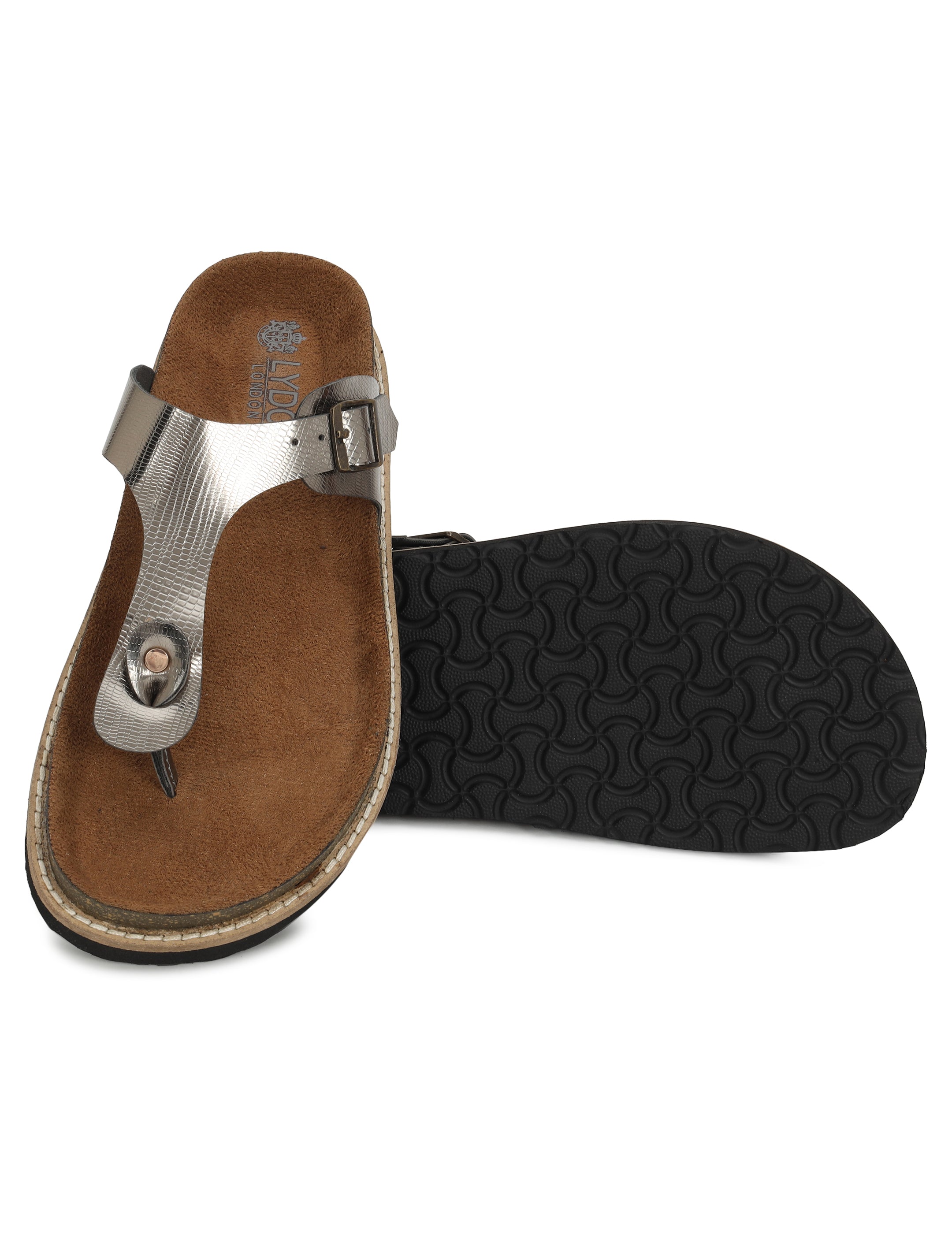 Gunmetal L Grain Sandals For Women Welt-Crafted T-Strap Sandals