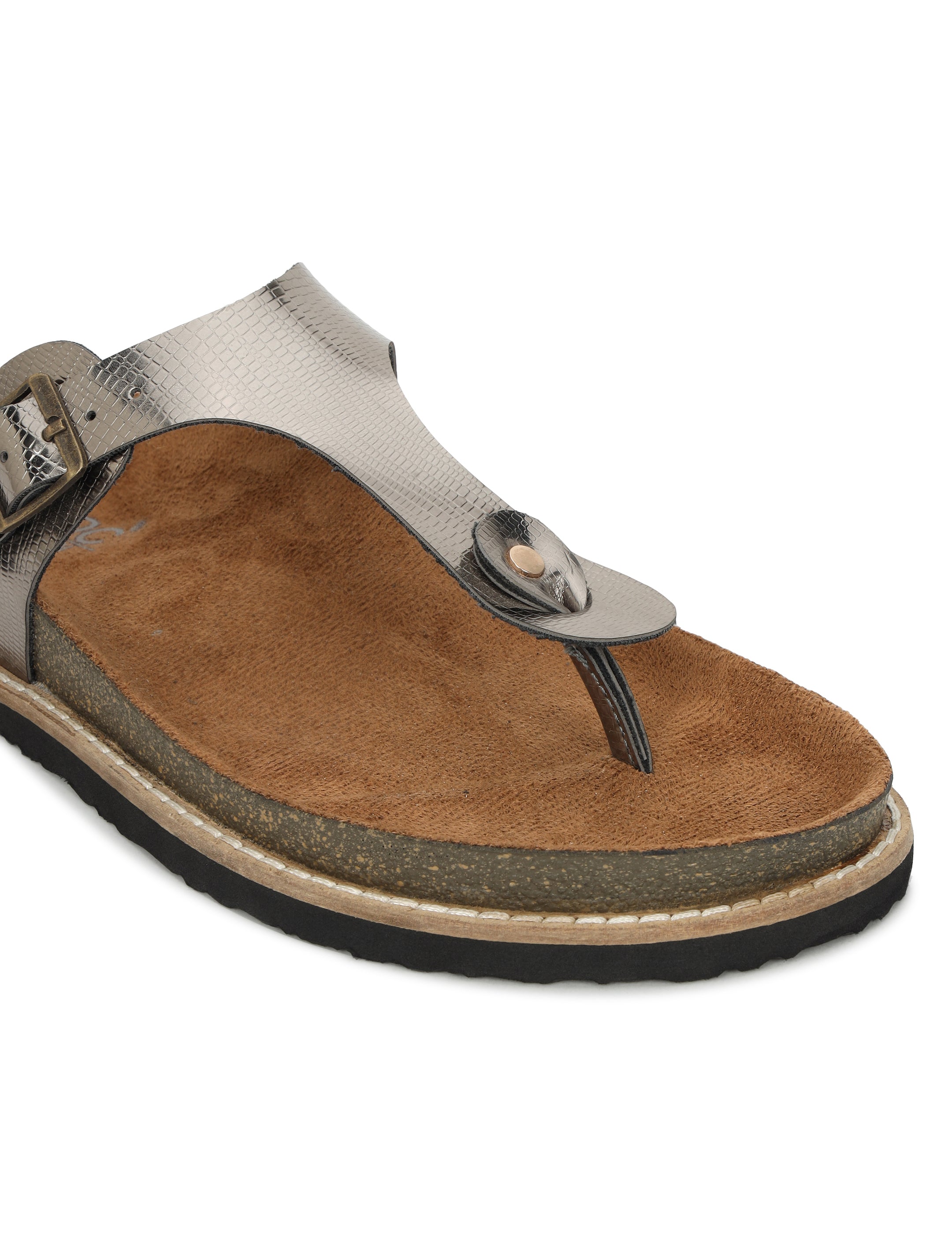Gunmetal L Grain Sandals For Women Welt-Crafted T-Strap Sandals