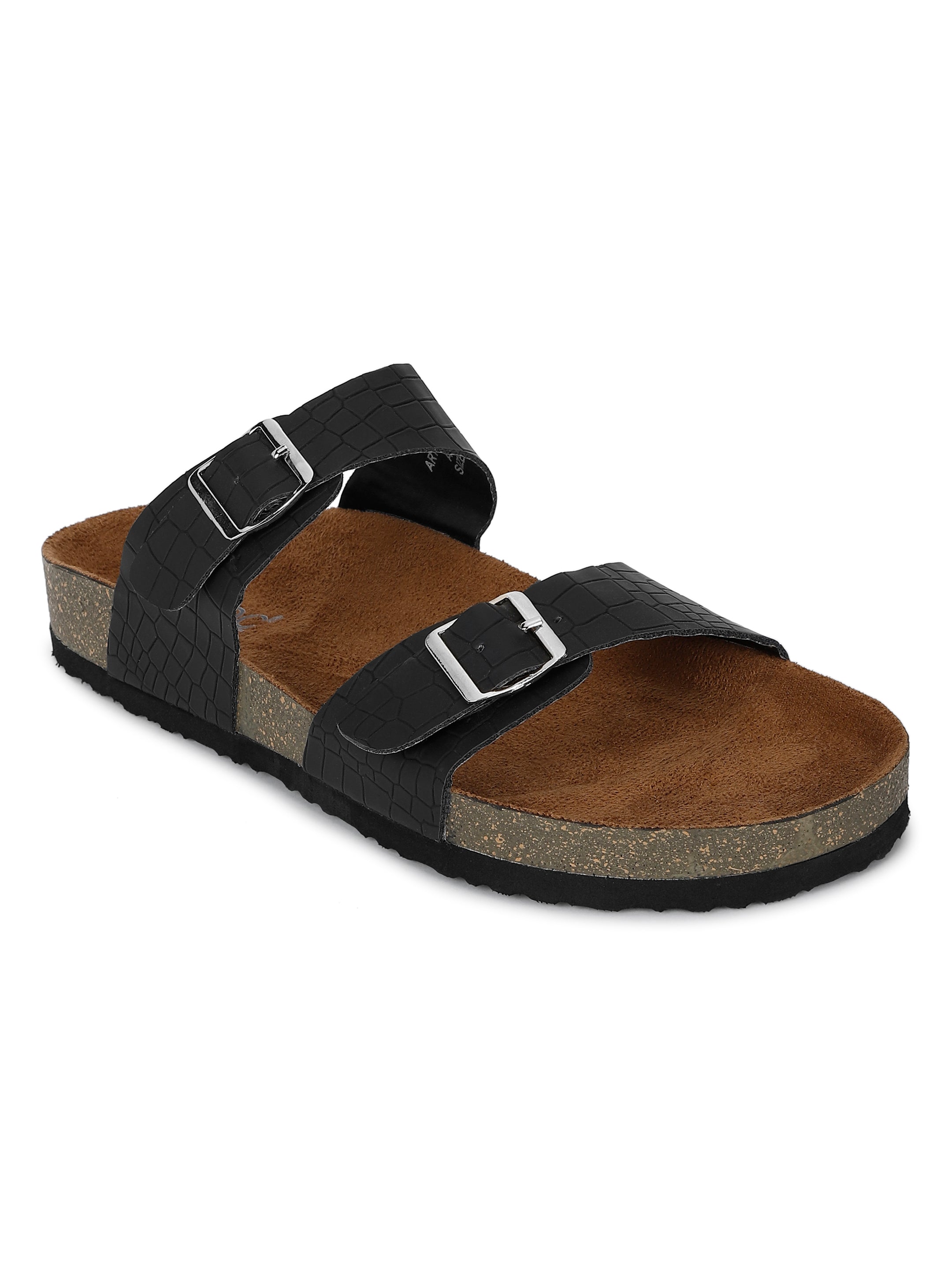 Croco Black Flat Sandals for Women - Victoria