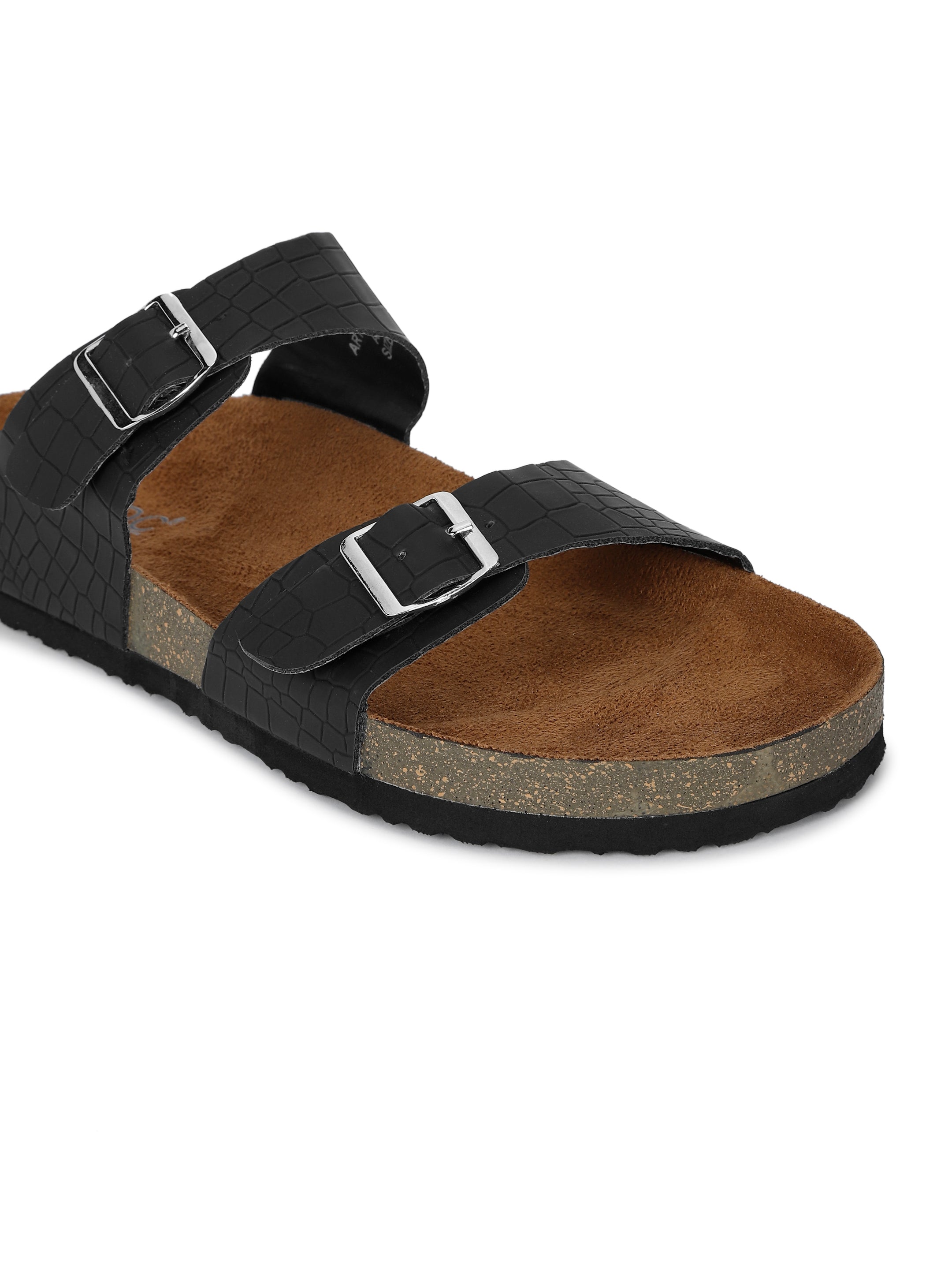 Croco Black Flat Sandals for Women - Victoria